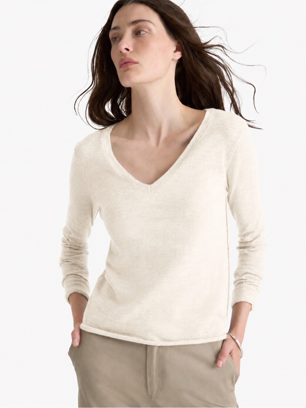 ATM Anthony Thomas Melillo Recycled Cashmere V-Neck Sweater Ivory Cream Small